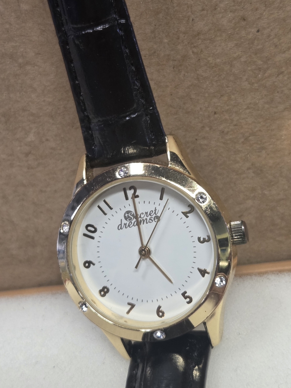 SECRET DREAMS Gold-Tone Black Leather Strap Watch